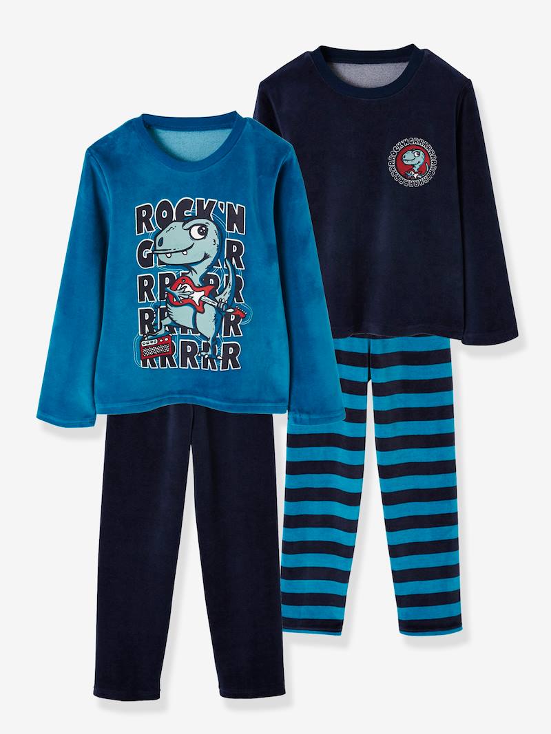 Lot de 2 pyjamas garçon velours Dino - lot emeraude