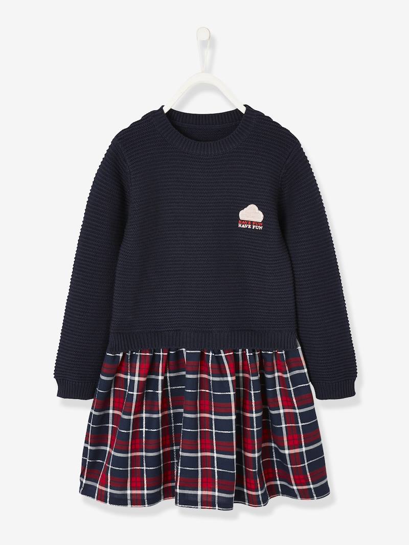 Robe bi-matère fille effet 2 en 1 - encre